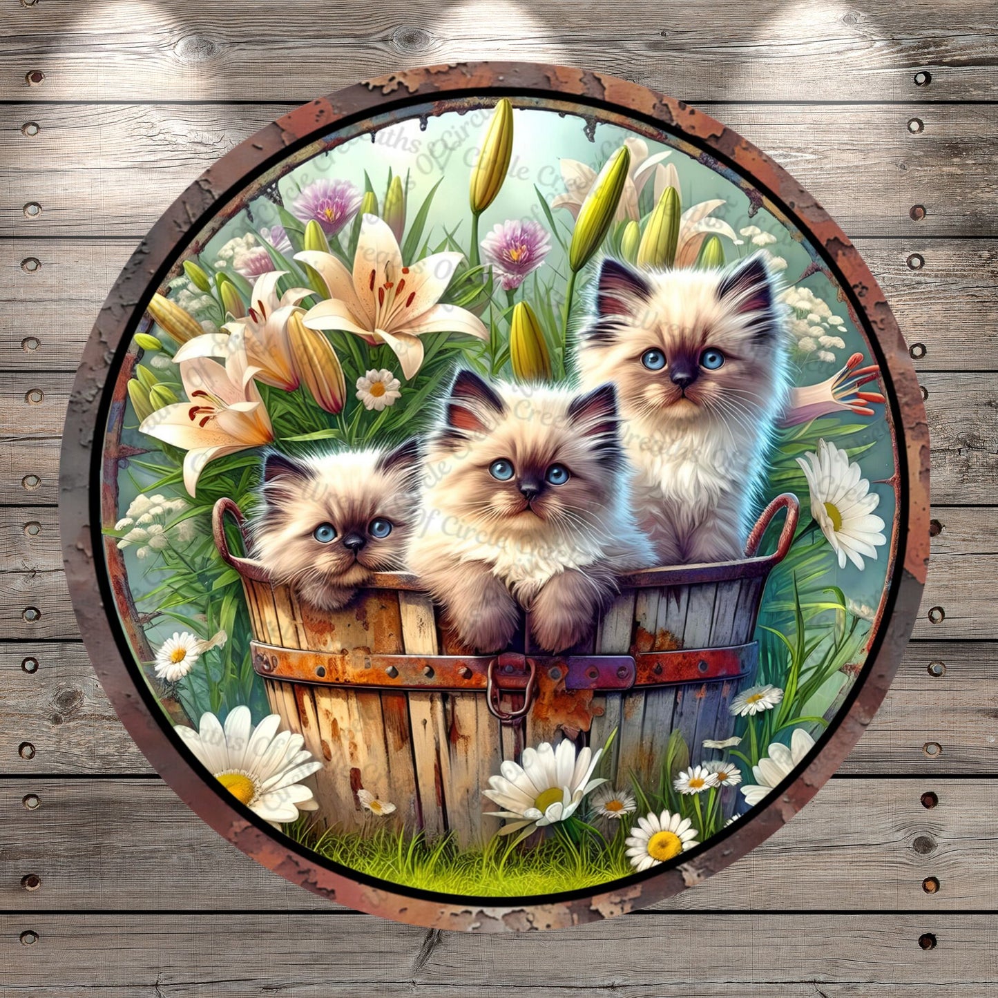 Kittens, In Basket, Lilies, Daisies, Florals, Meadow, Lightweight, Wreath Sign, No Holes In Sign