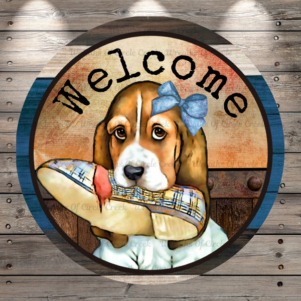 Beagle Puppy, Welcome, Rustic Border, Wreath Sign, No Holes, Round UV Coated, Metal
