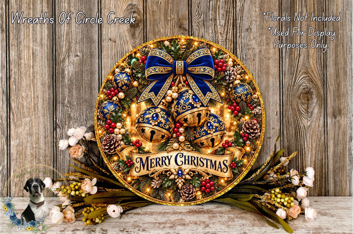 A festive Christmas wreath with a blue ribbon, bells, and a "Merry Christmas" banner, surrounded by various holiday decorations such as pine cones, berries, and flowers, all set against a rustic wooden background.