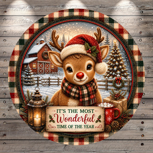 A festive Christmas scene featuring a reindeer wearing a Santa hat and scarf, surrounded by holiday decorations such as a Christmas tree, a lantern, and a gift box.