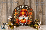 a happy fall sign with a gnome holding a pumpkin