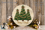 a round wooden sign with a Christmas tree design, surrounded by flowers and greenery. The sign has the text "Merry and Bright" written on it.