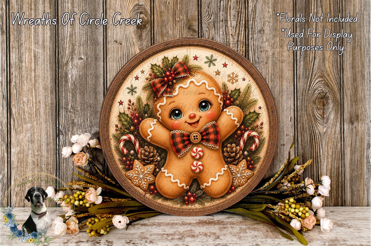 A round wooden plaque featuring a gingerbread man surrounded by flowers and greenery, with a text overlay indicating that floral decorations are not included for display purposes.