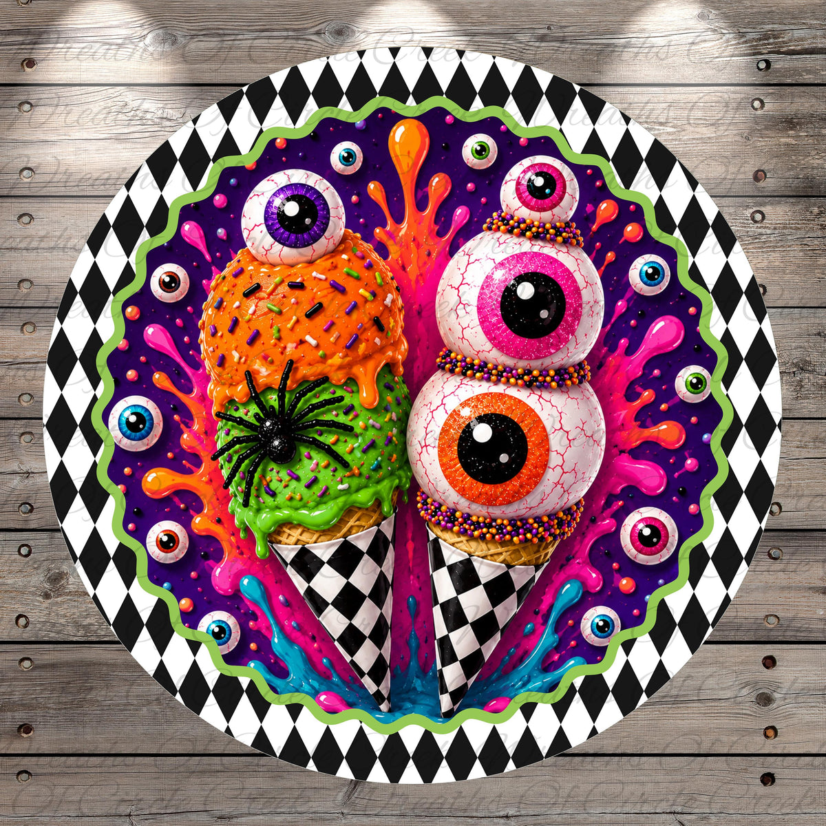 A whimsical and colorful illustration featuring two ice cream cones with large, expressive eyes on top, surrounded by a vibrant array of colors, shapes, and patterns.