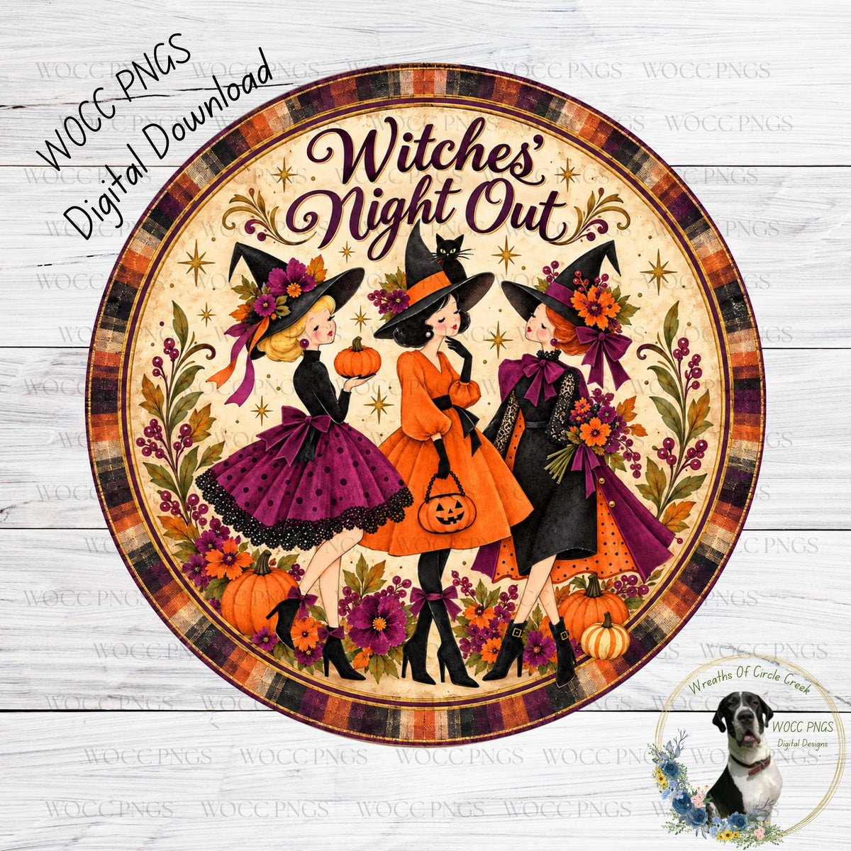 The image is a circular illustration featuring three women dressed in Halloween costumes, surrounded by pumpkins, flowers, and a cat. The text "Witches' Night Out" is prominently displayed above the illustration.
