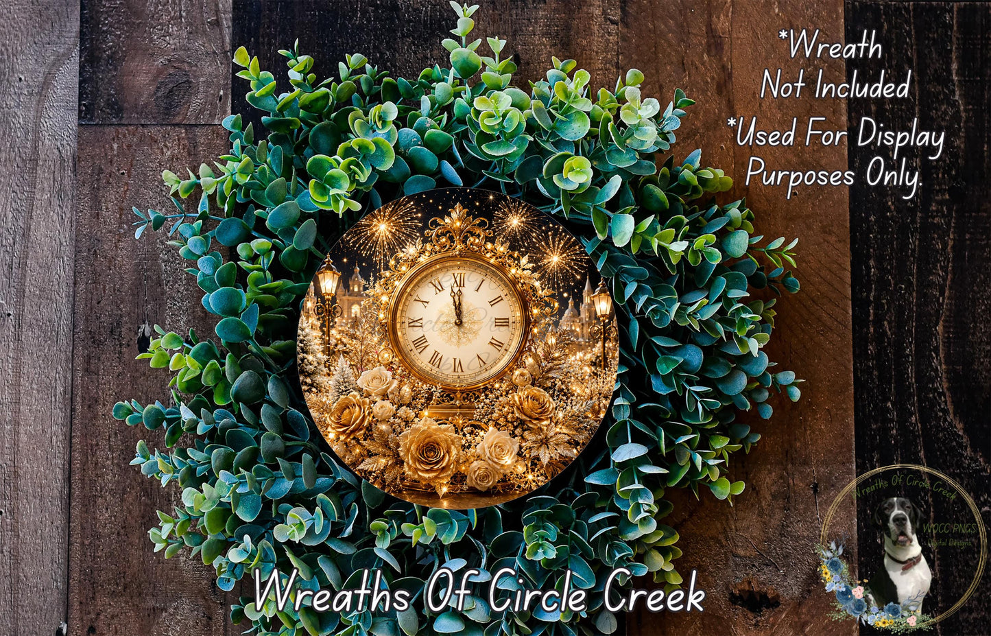 A decorative wreath made of green foliage and gold flowers, with a clock face in the center.