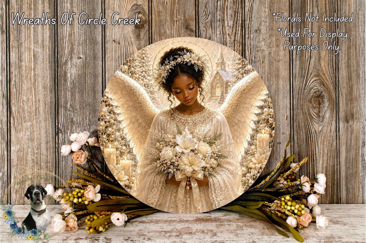 A round, wooden-paneled display featuring a woman with angelic wings holding a bouquet of flowers, surrounded by a wreath of flowers and greenery.