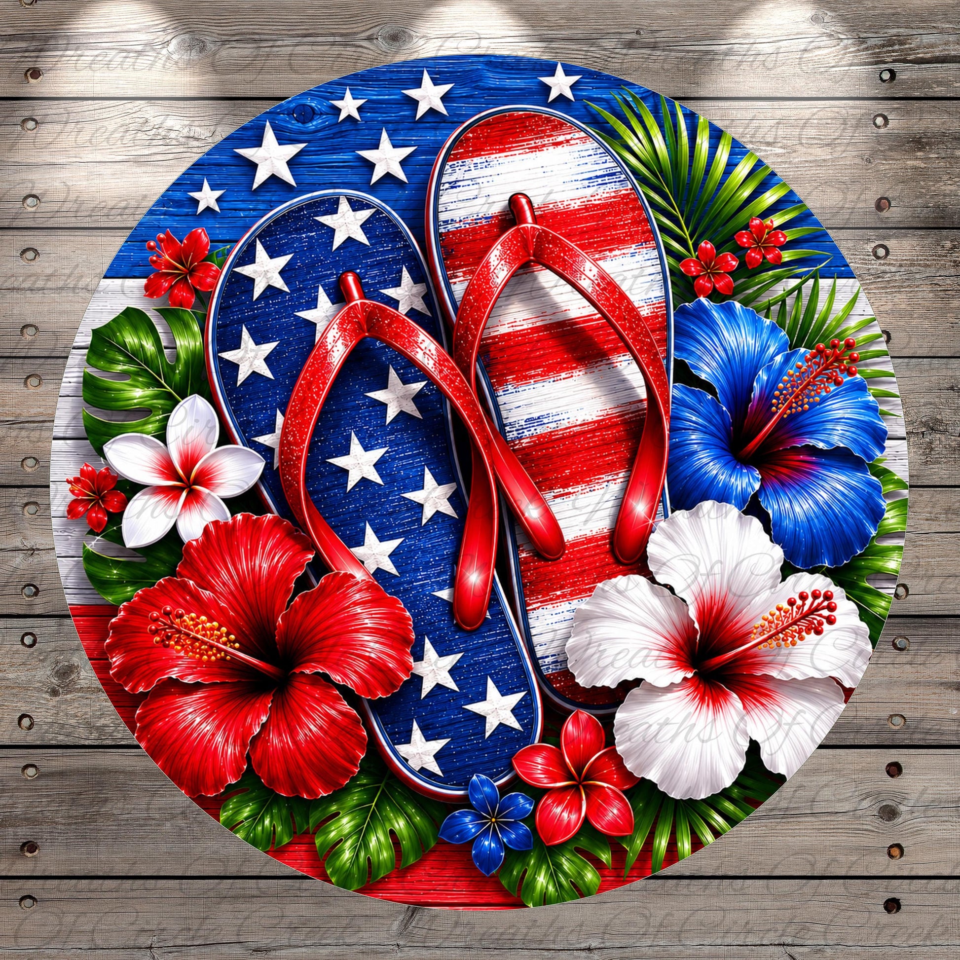 A vibrant and patriotic design featuring a pair of red flip-flops surrounded by flowers and leaves, including hibiscus blooms, against a backdrop of the American flag.