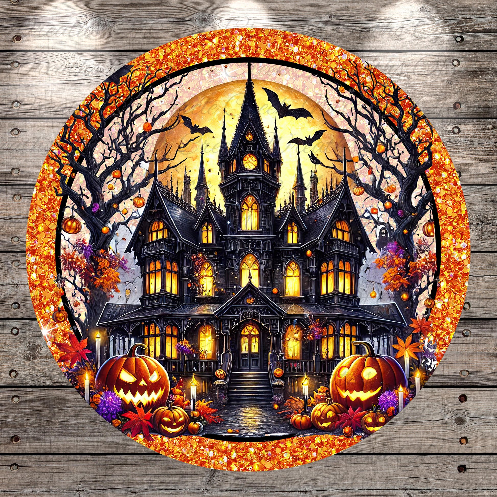 A Halloween-themed illustration featuring a large, ornate castle surrounded by a full moon, bats, pumpkins, and other spooky elements.