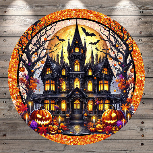 A Halloween-themed illustration featuring a large, ornate castle surrounded by a full moon, bats, pumpkins, and other spooky elements.