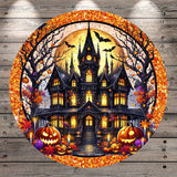 A Halloween-themed illustration featuring a large, ornate castle surrounded by a full moon, bats, pumpkins, and other spooky elements.