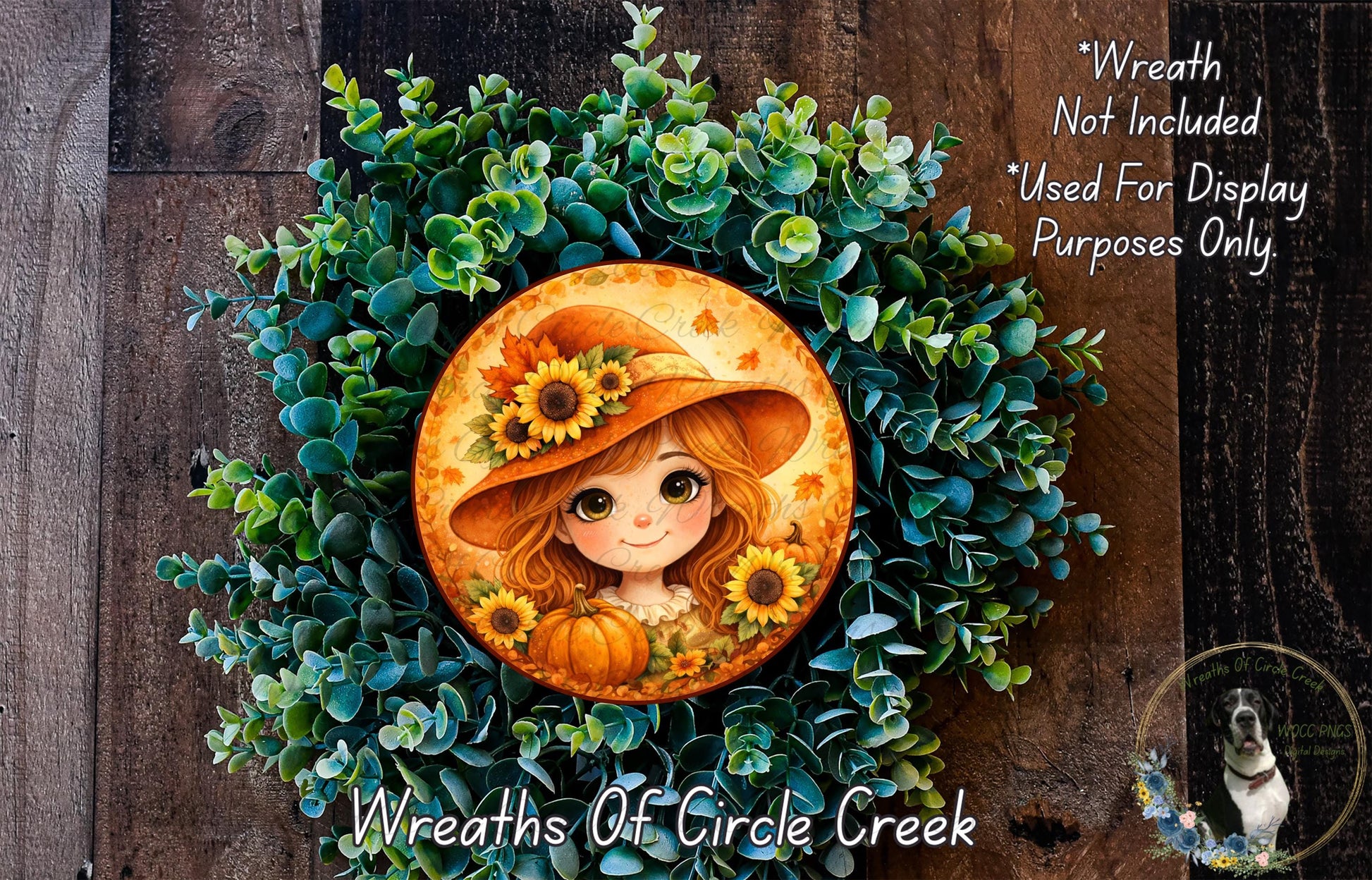 A wreath featuring a girl with a pumpkin and sunflowers, surrounded by greenery.