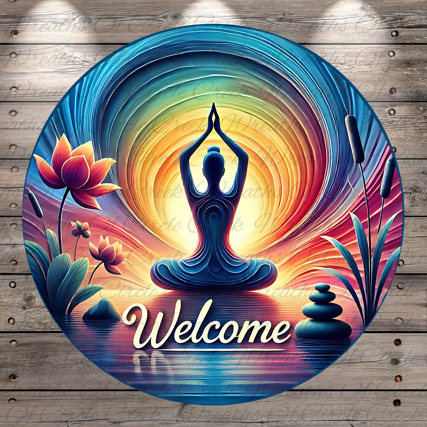 A circular design featuring a stylized figure of a person in a meditative pose, surrounded by a vibrant, colorful background with a lotus flower, rocks, and a sunset. The word "Welcome" is prominently displayed in the center of the image.