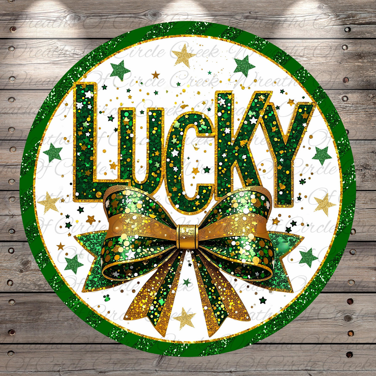 a circular design with the word "Lucky" prominently displayed in the center, surrounded by a green and gold bow and a scattering of stars.