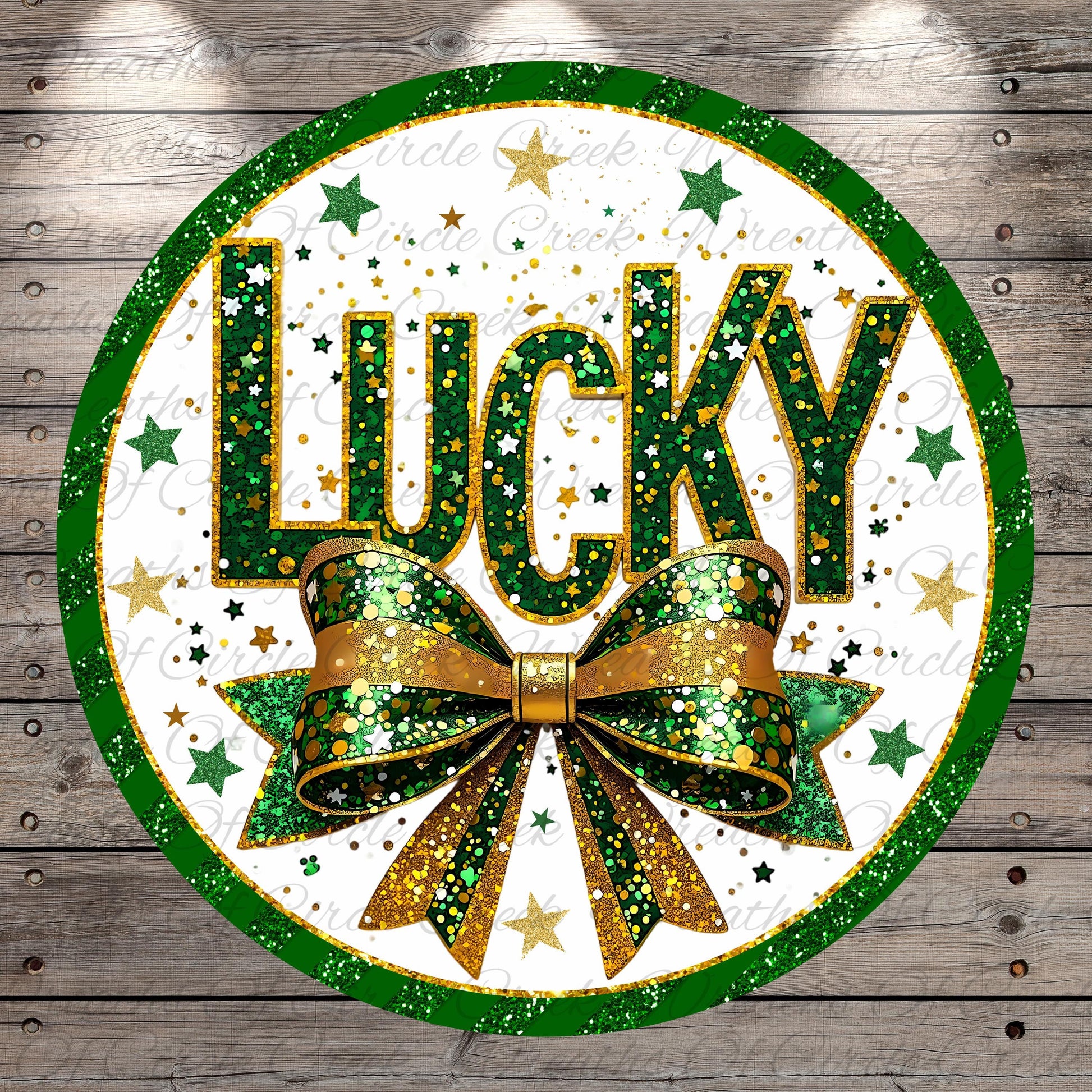 a circular design with the word "Lucky" prominently displayed in the center, surrounded by a green and gold bow and a scattering of stars.