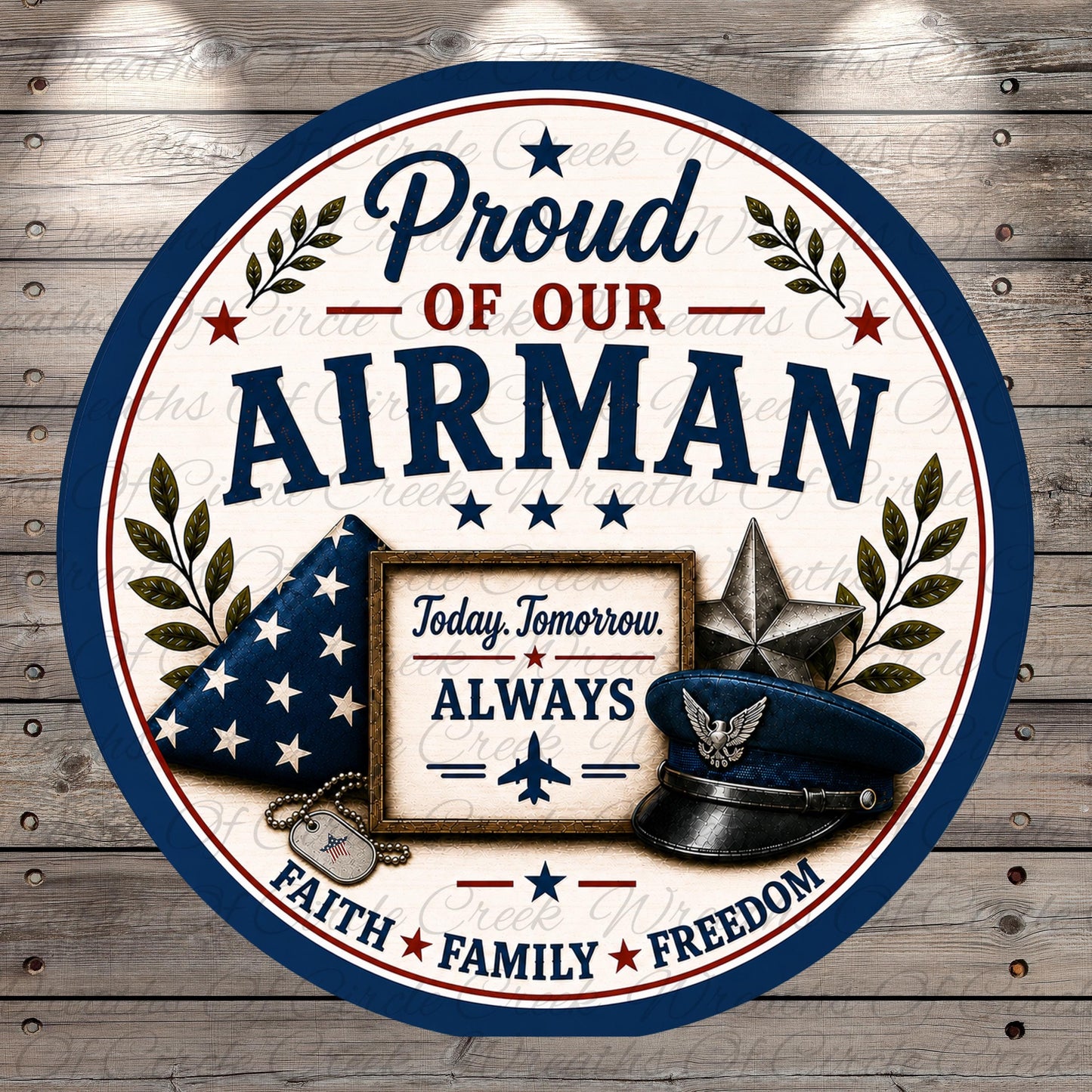 The image is a patriotic design featuring a circular emblem with the text "Proud of our AIRMAN" and various symbols such as a flag, a military hat, and a star.