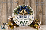 A festive wreath with a jingle bell design, surrounded by flowers and greenery, with the text "Jingle all the way" displayed on it.