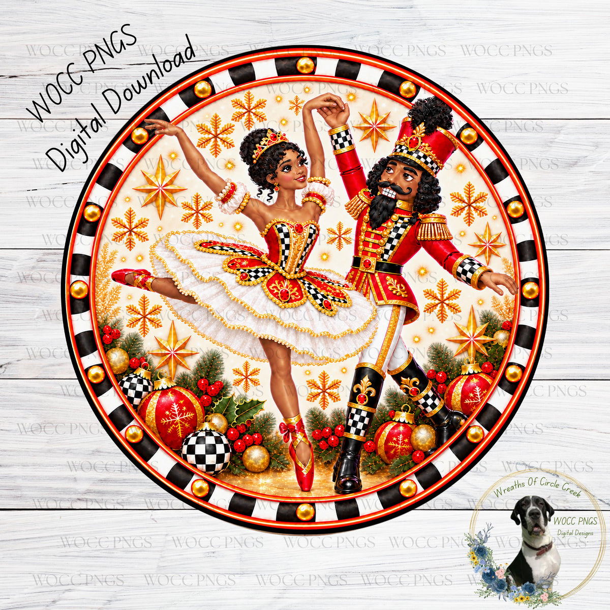 The image is a vibrant and detailed illustration of a nutcracker and a ballerina, both adorned in traditional costumes, surrounded by festive decorations such as ornaments and stars.