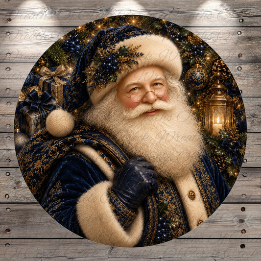 A close-up portrait of Santa Claus wearing a blue and gold suit, surrounded by Christmas decorations and lights.