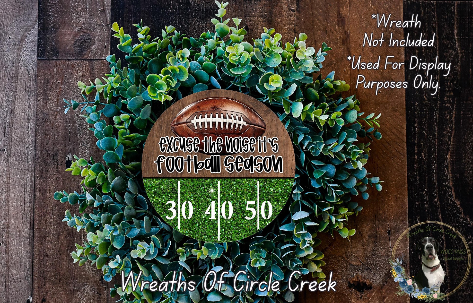 a wreath made of green foliage and a football, with text and numbers displayed on it.