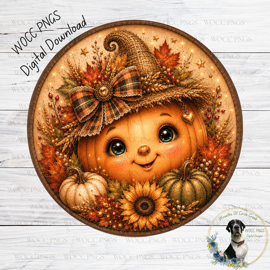 A whimsical illustration of a pumpkin with a bow and a smiling face, surrounded by autumn leaves, flowers, and other fall-themed elements.