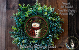 A wreath made of green foliage and a snowman figure, with a caption indicating that the wreath is not included in a display and is used for purposes only.