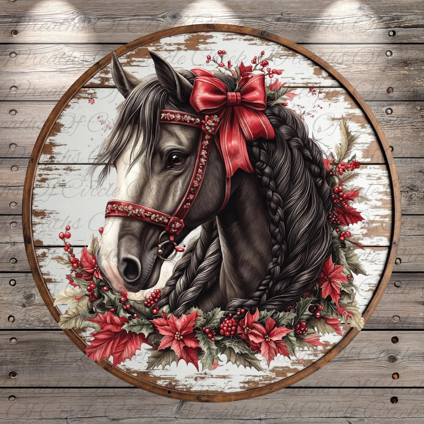 A detailed illustration of a horse adorned with a red bow and surrounded by a wreath of red poinsettia flowers and greenery.