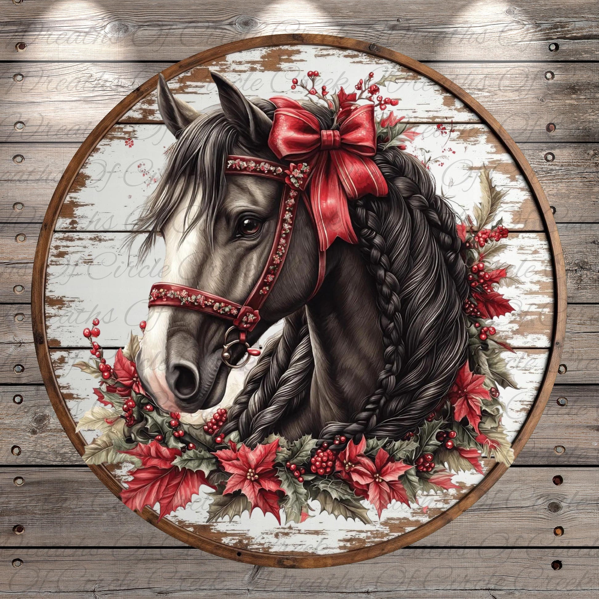 A detailed illustration of a horse adorned with a red bow and surrounded by a wreath of red poinsettia flowers and greenery.
