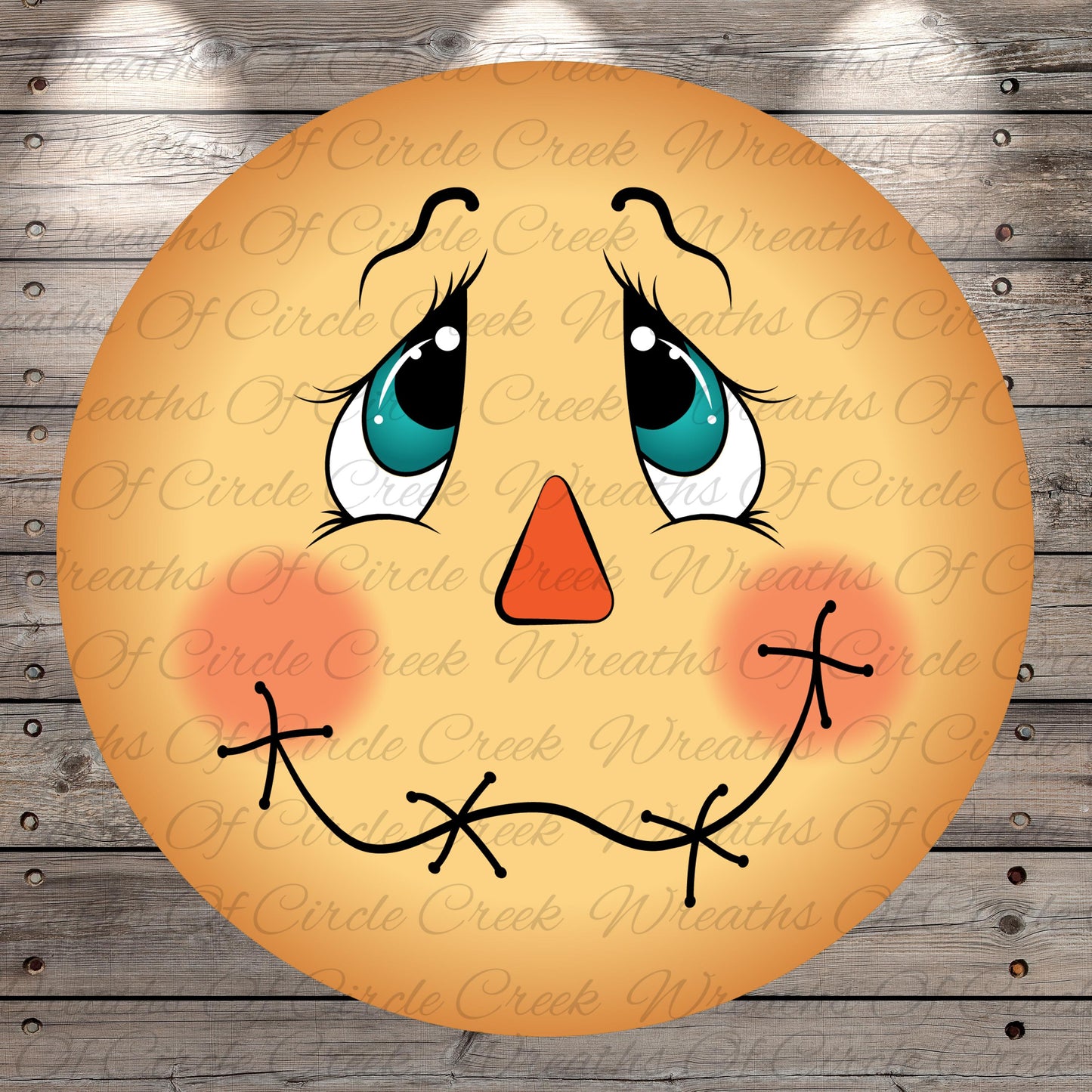 A cheerful, cartoon-like face with large eyes, a red nose, and a big smile, set against a wooden background with the text "circle creek wreaths" repeated multiple times.