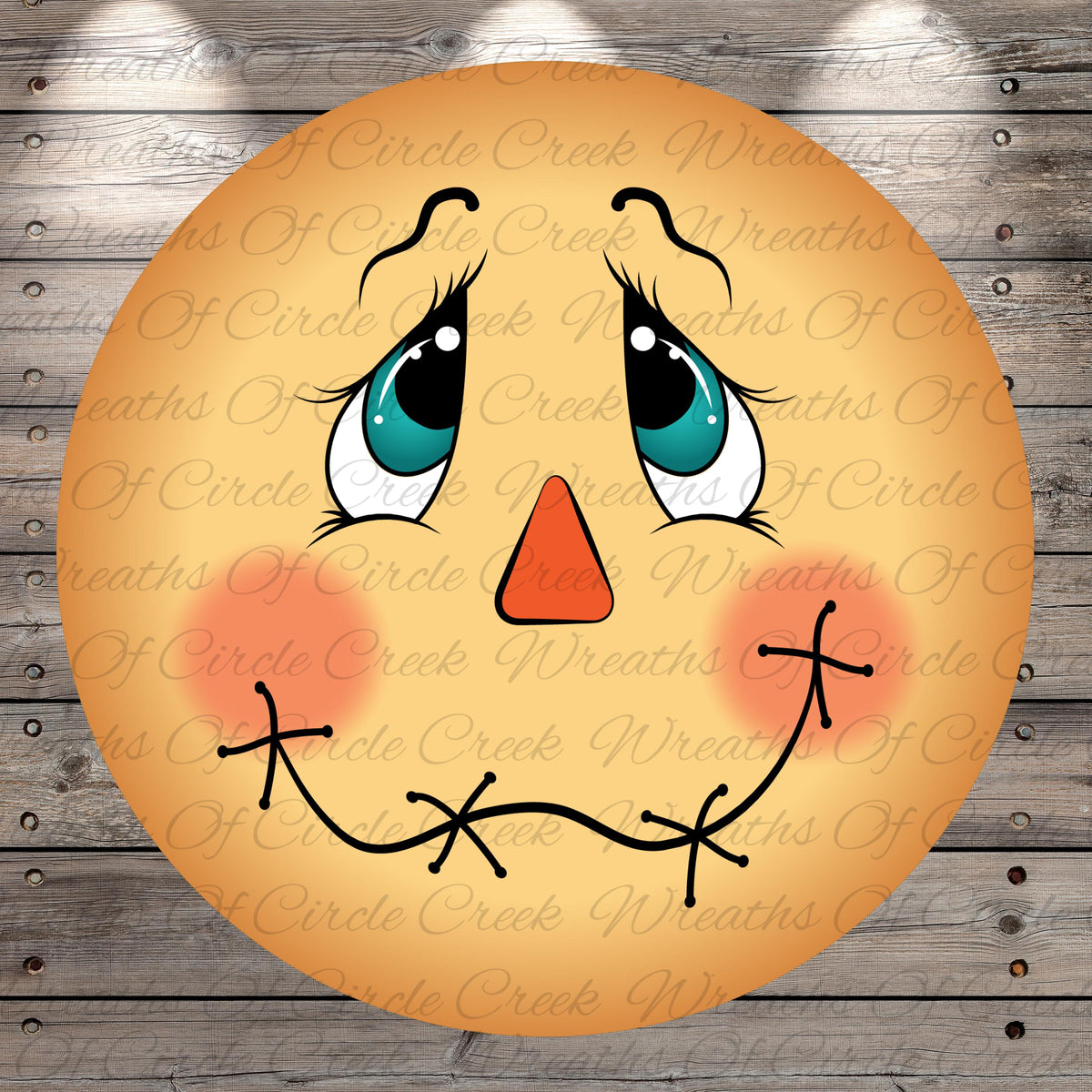 A cheerful, cartoon-like face with large eyes, a red nose, and a big smile, set against a wooden background with the text "circle creek wreaths" repeated multiple times.