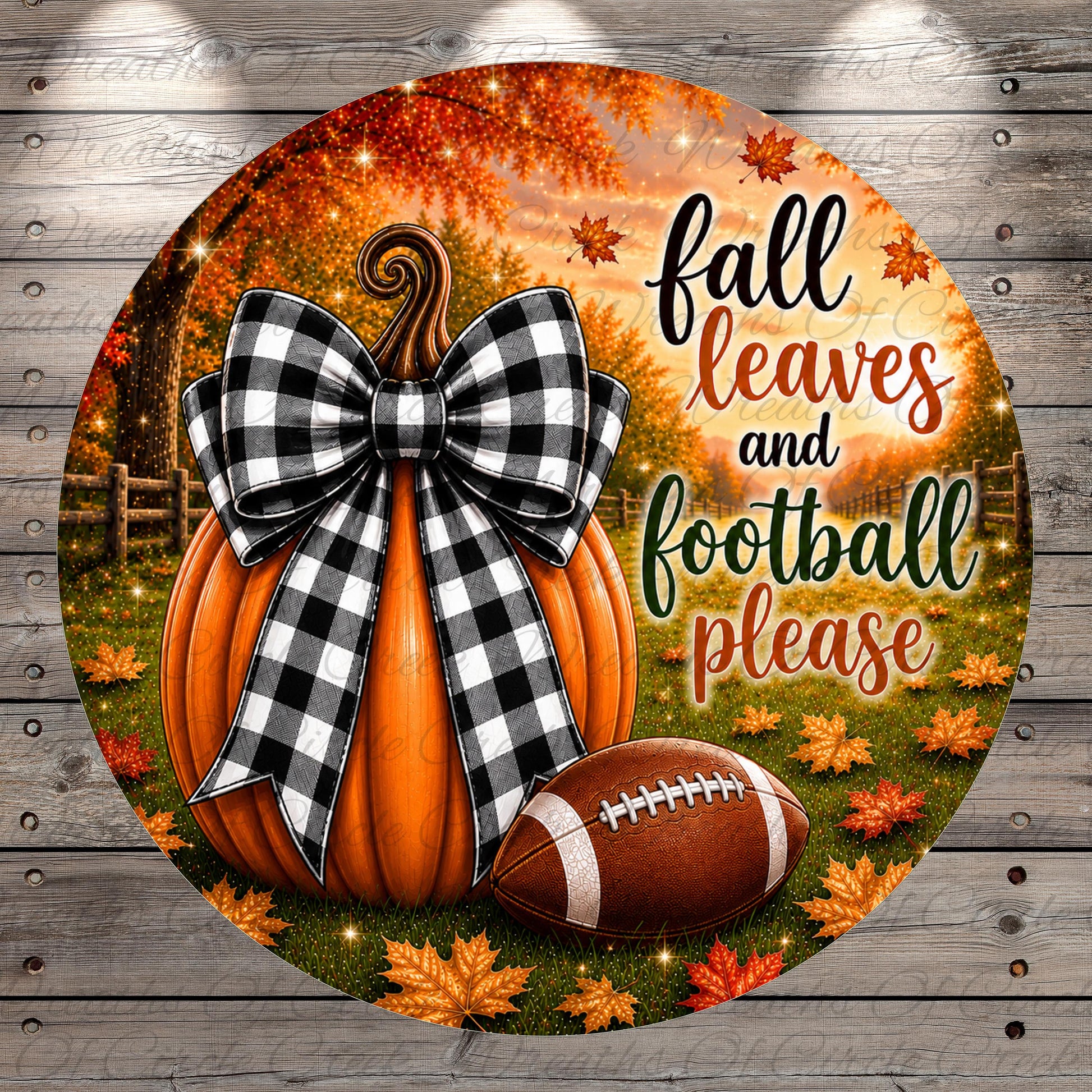A decorative pumpkin with a bow, surrounded by autumn leaves and a football, with the text "fall leaves and football please" written on it.
