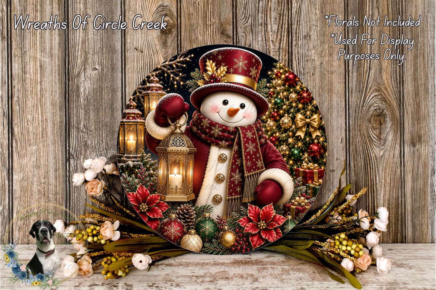 A festive Christmas wreath with a snowman figure, lanterns, and various holiday decorations such as poinsettias, pine cones, and ornaments.