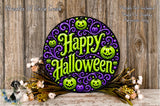 a Halloween-themed sign with a purple and green color scheme, surrounded by a floral arrangement and pumpkins.