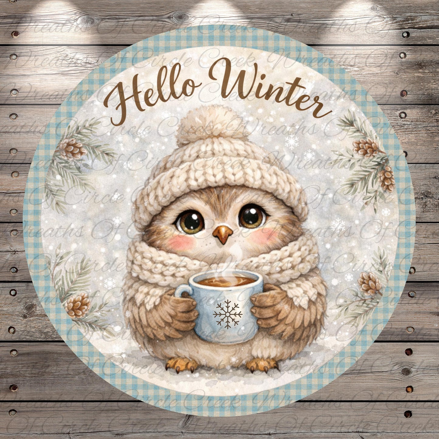 A cozy illustration of a small owl wearing a winter hat and scarf, holding a mug of hot chocolate, with the text "Hello Winter" written above it.