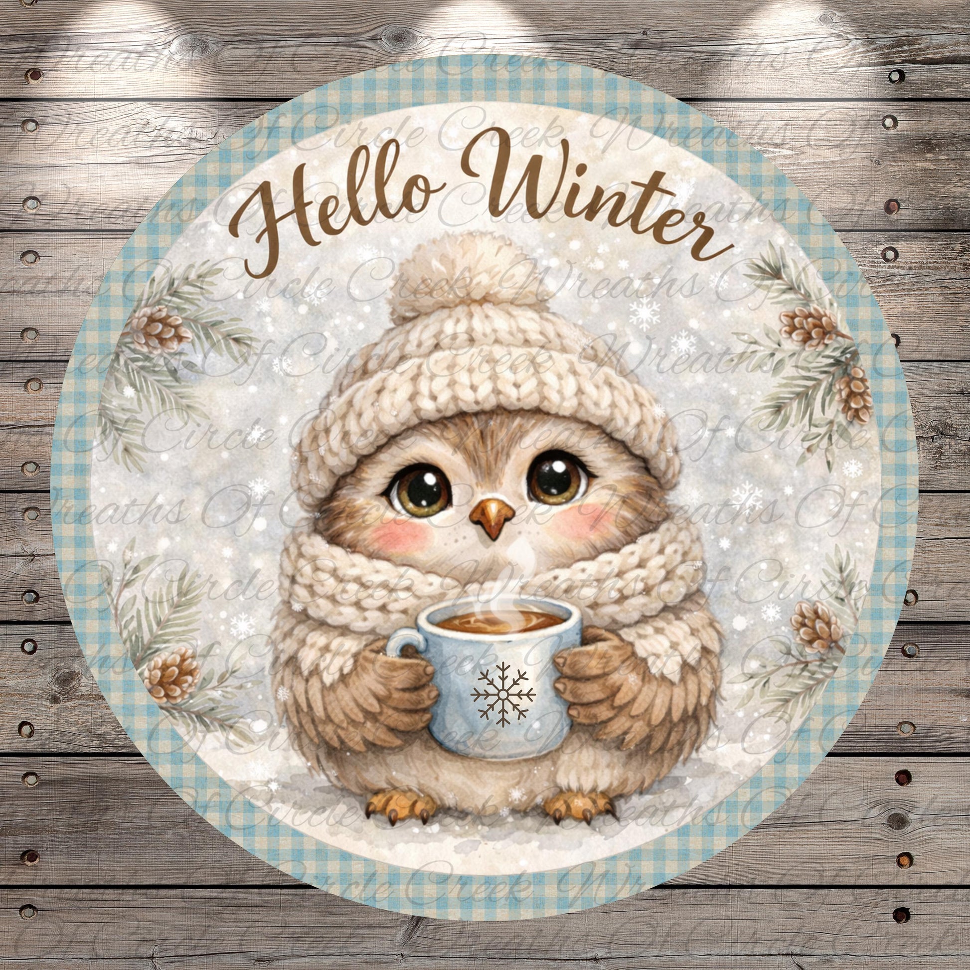 A cozy illustration of a small owl wearing a winter hat and scarf, holding a mug of hot chocolate, with the text "Hello Winter" written above it.