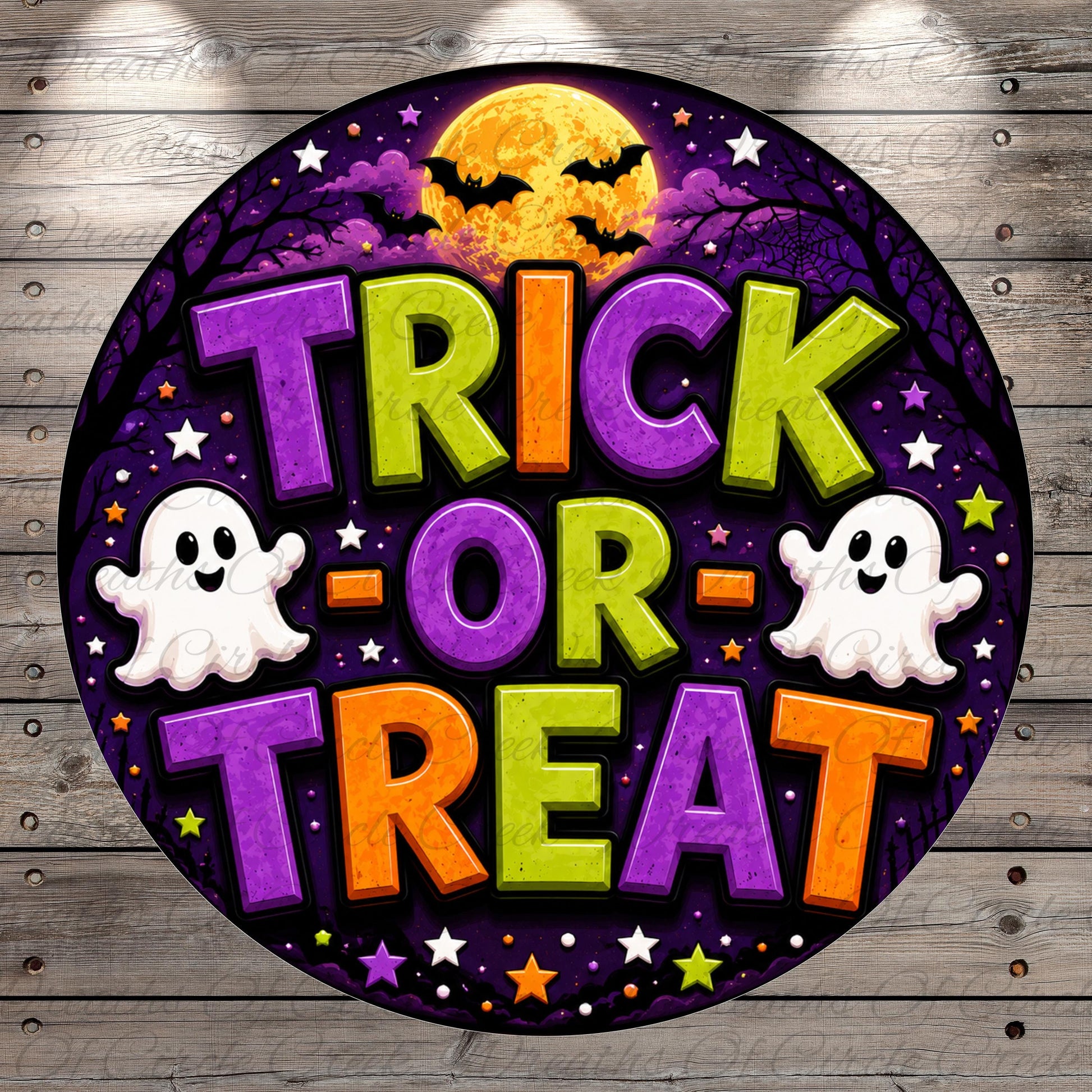 a Halloween-themed design with the text "TRICK OR TREAT" prominently displayed in the center. The background is a dark purple color, with a full moon, bats, and stars scattered throughout. There are also two ghostly figures, one on each side of the text, adding to the spooky atmosphere.