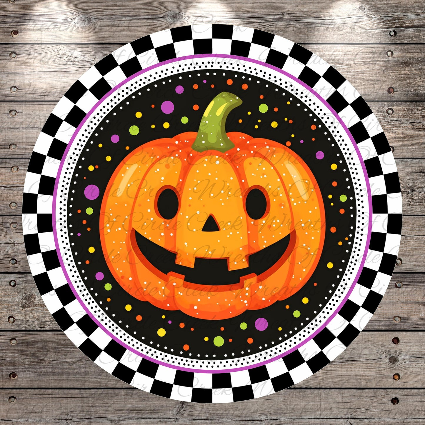 A cheerful jack-o-lantern with a smiling face is surrounded by a checkered border and colorful dots against a black background.