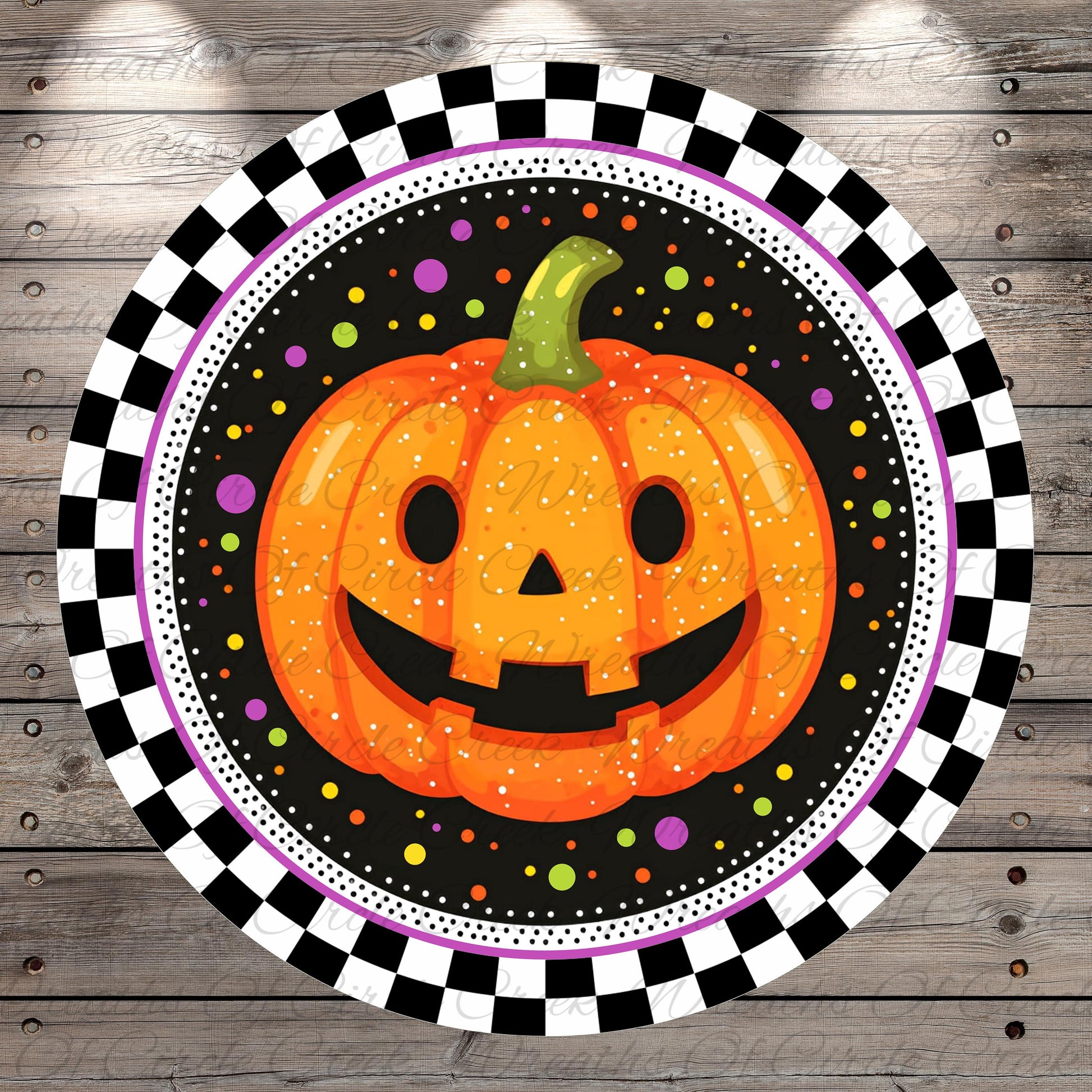A cheerful jack-o-lantern with a smiling face is surrounded by a checkered border and colorful dots against a black background.