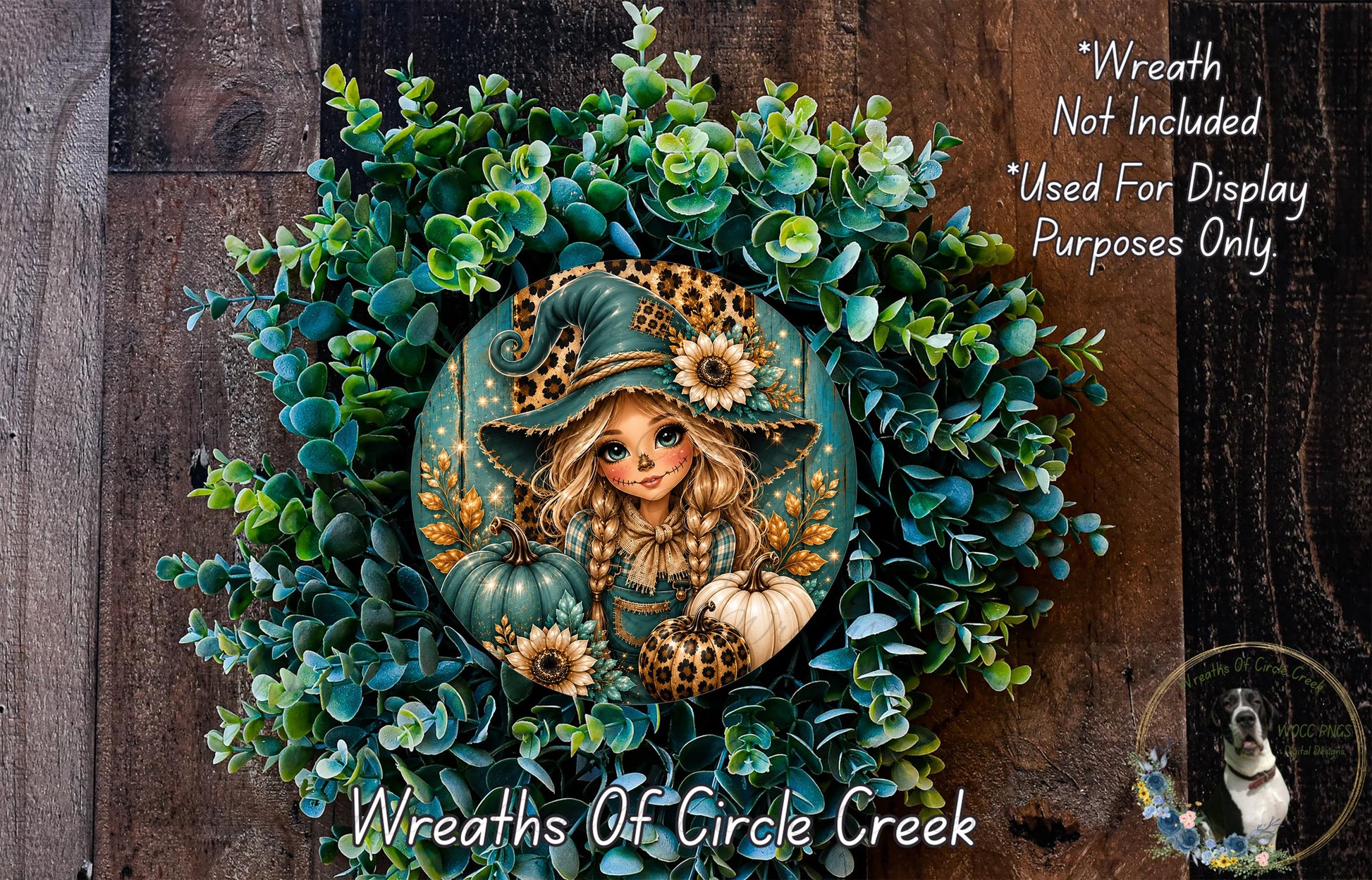A wreath featuring a cartoon illustration of a young girl with a leopard-print hat and a pumpkin, surrounded by green foliage.