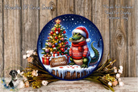 A festive Christmas scene featuring a decorated tree, a snow-covered landscape, and a cartoon alligator wearing a Santa hat and sweater. The alligator is sitting on a wooden fence, with a "Merry Christmas" sign below it. The background is a snowy landscape with a starry sky.