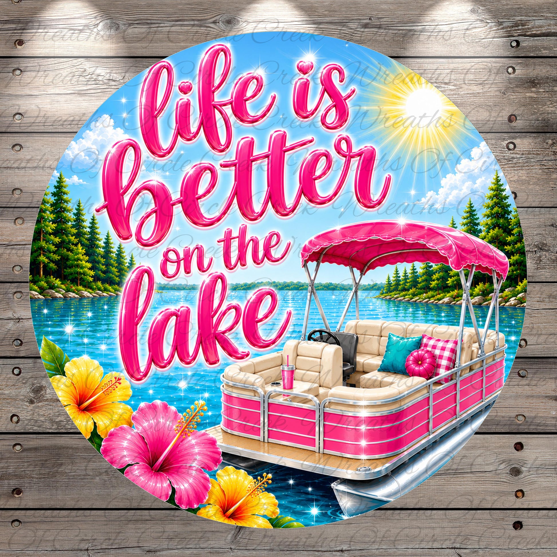 a pink pontoon boat on a lake, surrounded by flowers and a scenic landscape.