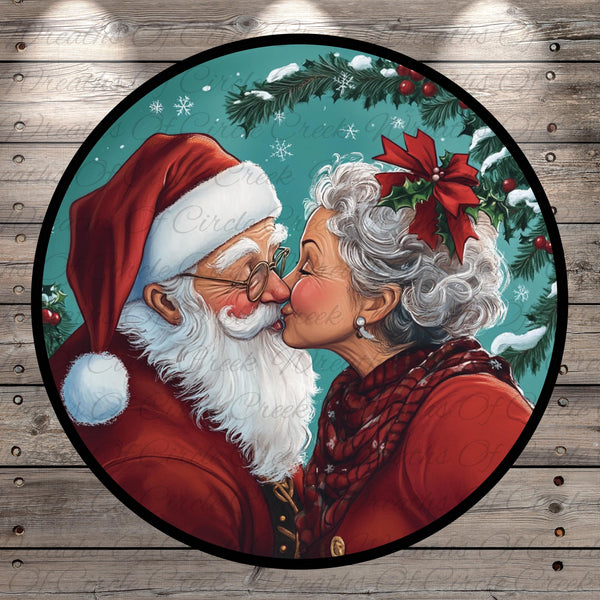 Santa Claus and an elderly woman are sharing a tender moment, with Santa's beard and glasses visible as he kisses the woman's face.