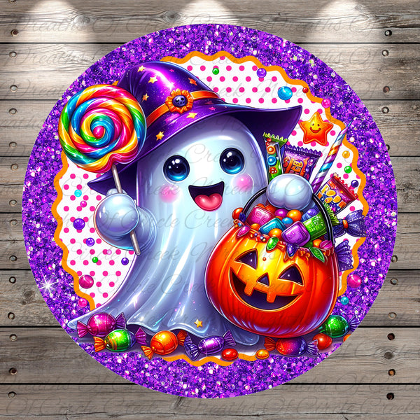 A whimsical illustration of a ghost character surrounded by Halloween-themed elements, including a lollipop, a carved pumpkin, and a bag of candy.