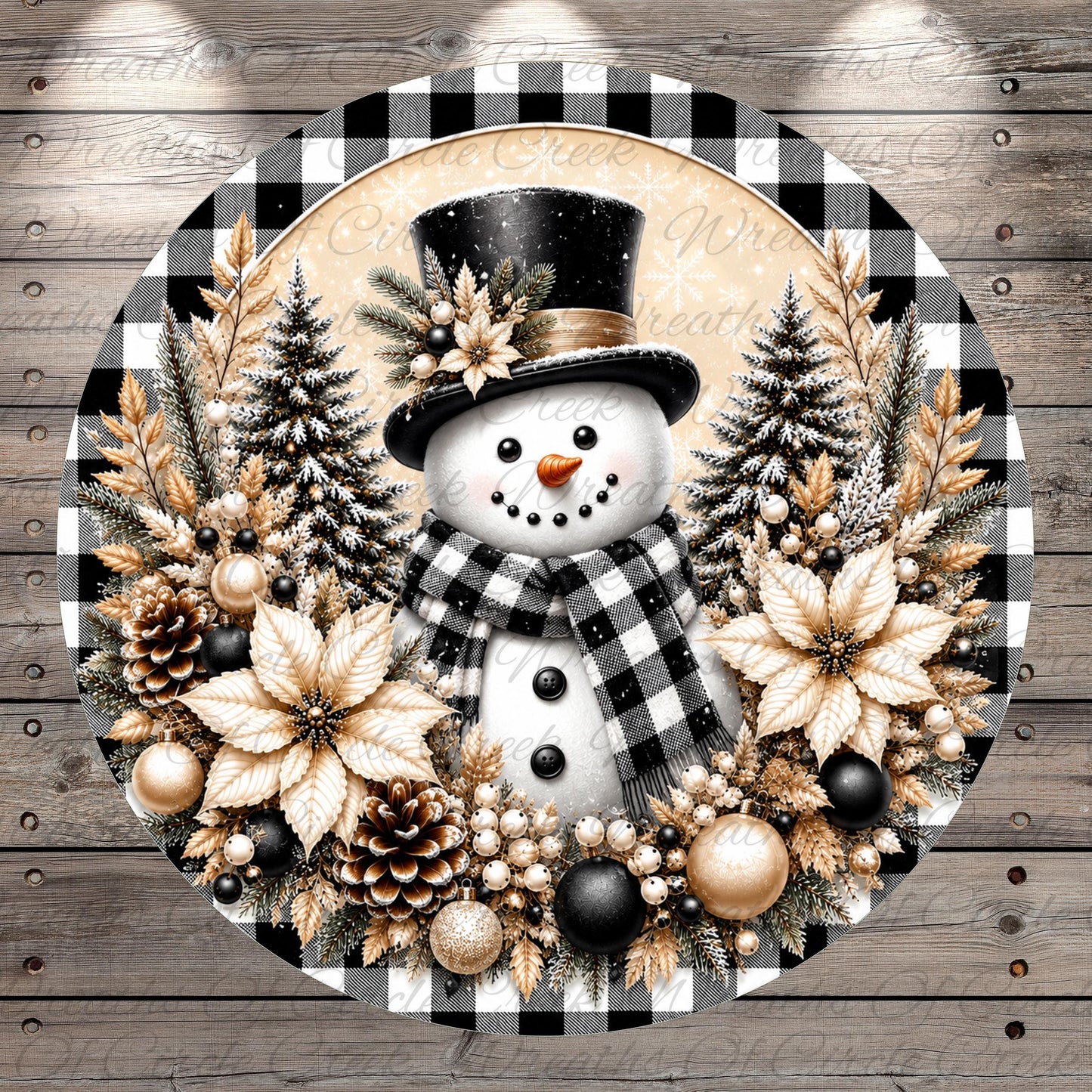 A snowman wearing a top hat and scarf, surrounded by a wreath of pine trees, poinsettias, and ornaments, all set against a wooden background.