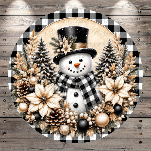 A snowman wearing a top hat and scarf, surrounded by a wreath of pine trees, poinsettias, and ornaments, all set against a wooden background.