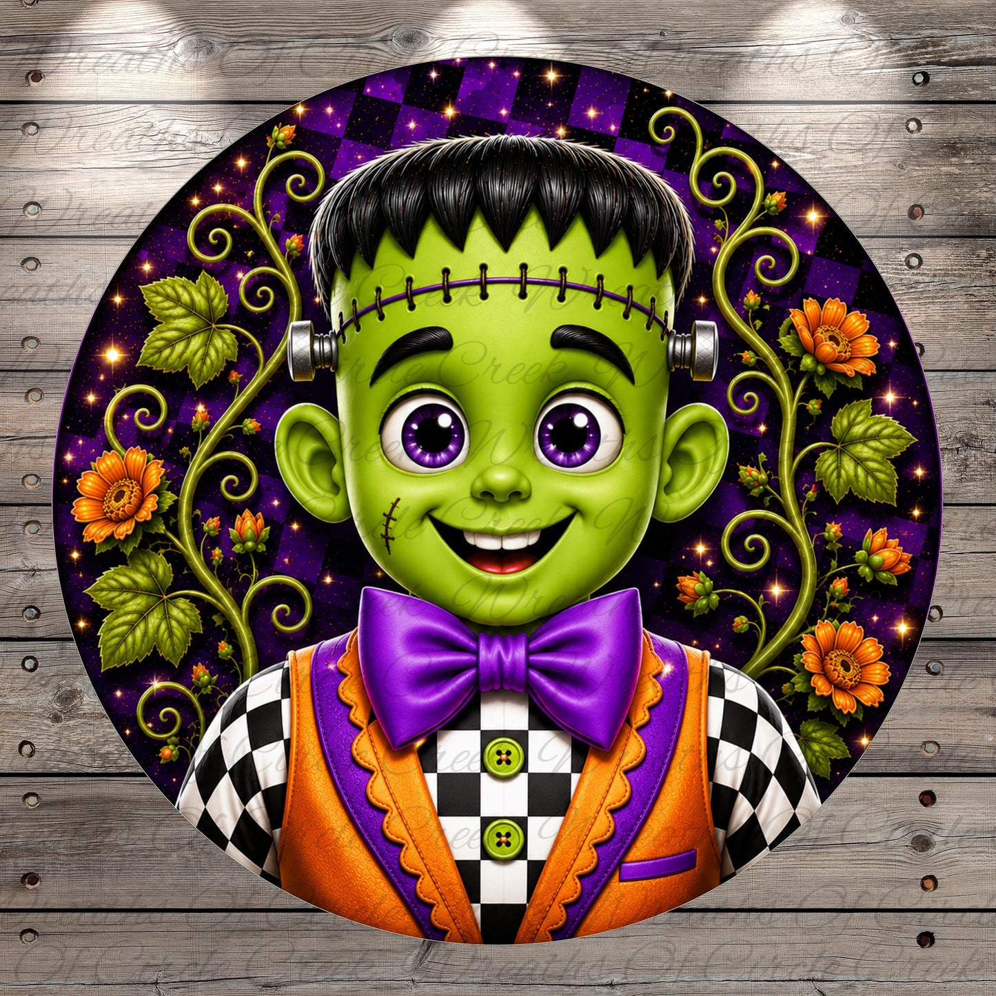A digital illustration of a green-skinned, purple-haired character wearing a black and white checkered suit and bow tie, surrounded by a floral background and a purple and black checkered pattern.