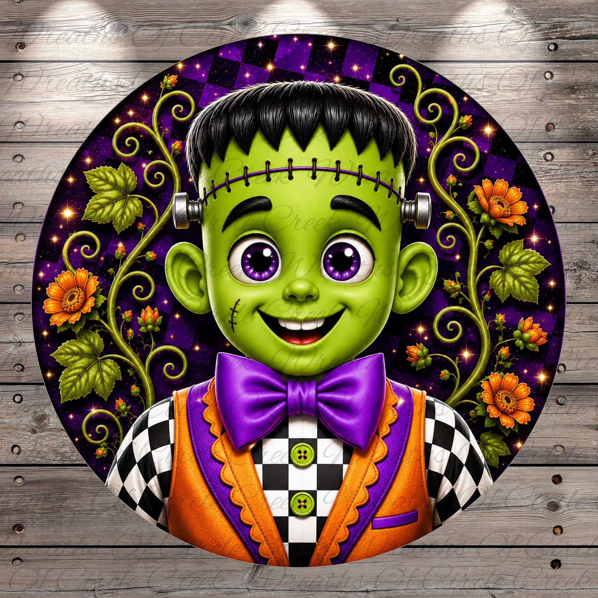 A digital illustration of a green-skinned, purple-haired character wearing a black and white checkered suit and bow tie, surrounded by a floral background and a purple and black checkered pattern.