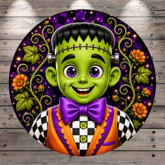 A digital illustration of a green-skinned, purple-haired character wearing a black and white checkered suit and bow tie, surrounded by a floral background and a purple and black checkered pattern.