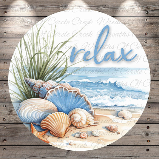 A circular design featuring various seashells, a starfish, and a grassy plant, with the word "relax" written in cursive above the scene.