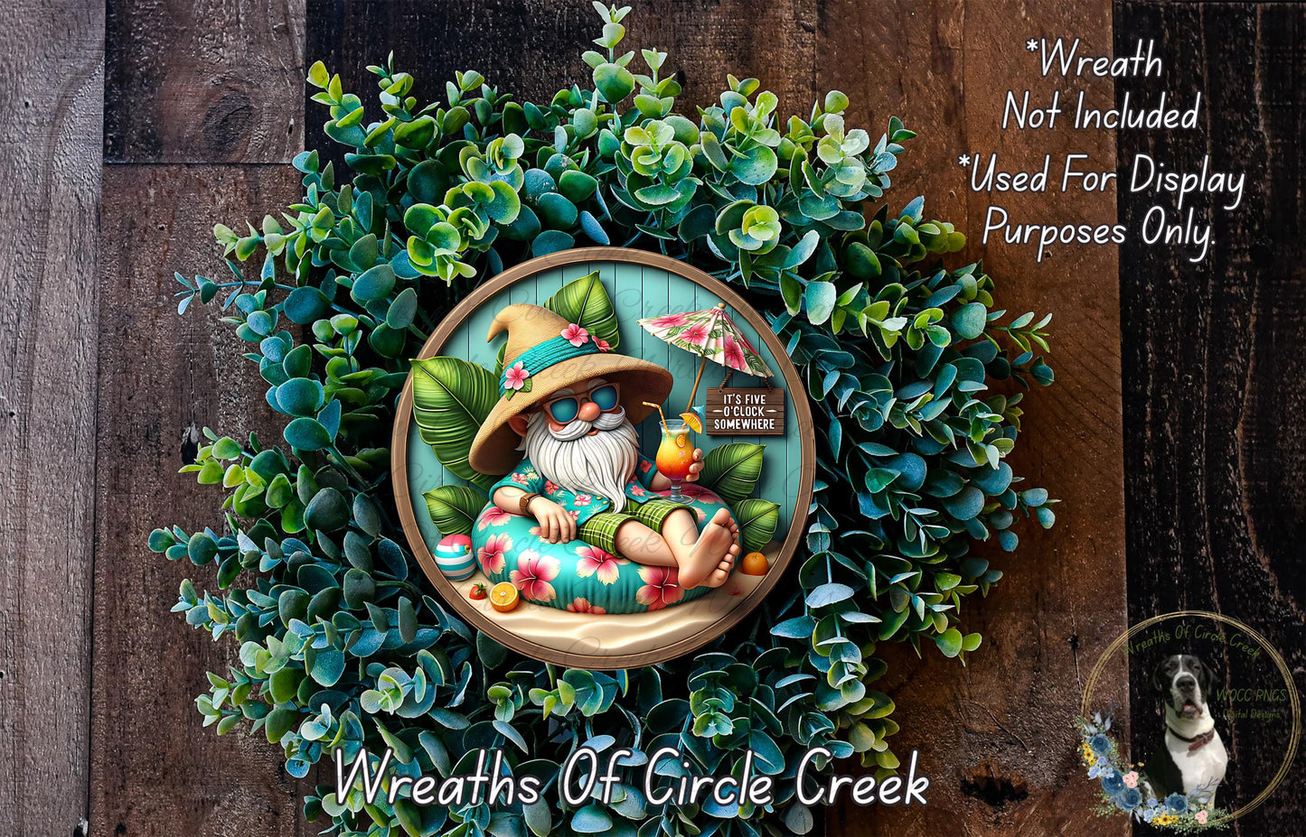 A wreath featuring a gnome wearing a hat and sunglasses, surrounded by green foliage, with a sign that says "It's a gnome somewhere".